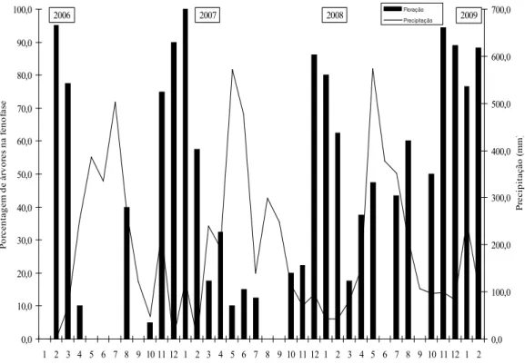 FIGURA 2:  Porcentagem de indivíduos de Carapa guianensis  Aubl. em floração registrada quinzenalmente  no período de fevereiro de 2006 a fevereiro de 2009, no município de São João da Baliza,  Roraima, Brasil