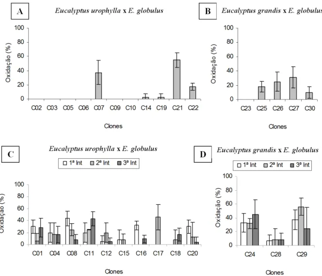 FIGURA 4:  Média de explantes oxidados em clones de Eucalyptus urophylla x Eucalyptus globulus e  Eucalyptus grandis x Eucalyptus globulus com uma (A e B) e três (C e D) introduções in vitro  (Int – 30, 90 e 120 dias após a primeira poda das minicepas), ao