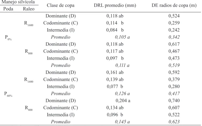TABLA 4: Valores de DRL promedio y variabilidad de copa según tratamiento silvícola y clase de copa.