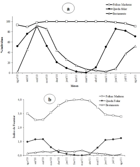 FIGURE 2: Percentage of individuals with precense of mature leaves, leaf fall, and budding (a) and Fournier  Index for vegetative phenology of a sample of 185 individuals of 20 native species, from  August 2010 to August 2011 (b), in the Botanical Garden, 