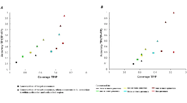 Figure  2  –  Combining  conservation  and  secondary  structure  prediction.  We  calculated,  with  the  gold  (1A)  and  platinum  (1B)  positive  sets,  the  accuracy  and  coverage  for  target  prediction  when  including  or  excluding  secondary  s