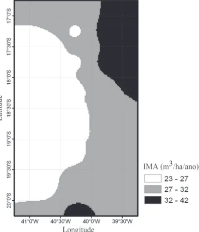 FIGURA 2:  Incremento médio anual (IMA, m 3  ha -1  por ano) do eucalipto para o clima atual (CRU 1961- 1990).