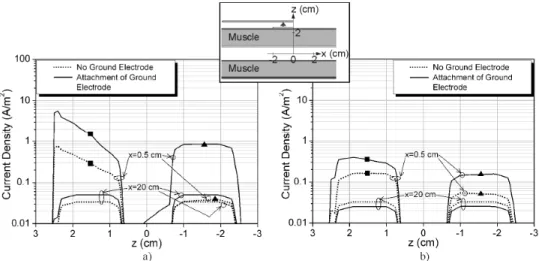 Figura 3.44: Distribuição da densidade de corrente a 30MHz obtido no simulador (a - -eléctrodos 2x2cm e b - -eléctrodos 1x1cm).