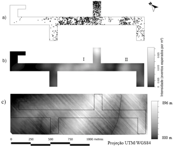 FIGURA 4: Padrão pontual (a) e estimativa da intensidade (b) para Ocotea odorifera, Modelo Digital de  Elevação – adaptado de Pesck (2011) (c).
