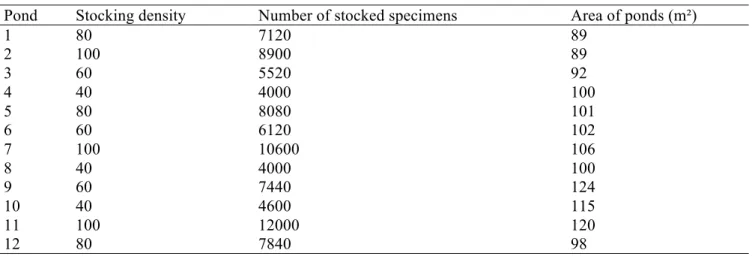 Table  1  shows  stocking  density  of  40,  60,  80  and  100  young  shrimp  specimens/m 2 