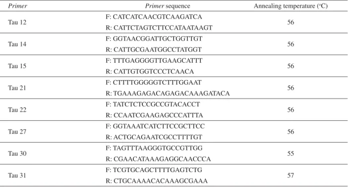 Tabela 1 – Primers, desenvolvidos por Braga et al. (2007), que foram transferidos para Handroanthus heptaphyllus, com suas  respectivas temperaturas de anelamento.