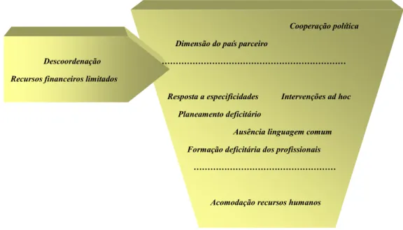 Figura 8 . Esquema resumo das causas, que, de acordo com o grupo com que se investiga, se encontram  na base da fragmentação da cooperação internacional portuguesa no sector da saúde