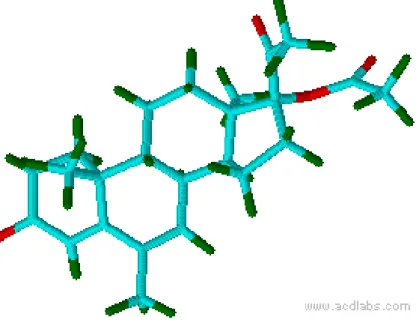 Figura 2.4.  –  Representação tridimensional do acetato de megestrol, onde os átomos representados  a  azul,  verde  e  vermelho  representam,  respetivamente,  os  elementos:  carbono,  hidrogénio  e  oxigénio