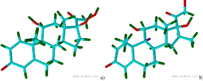Figura 2.5.  –  Representação tridimensional a) da prednisolona e b) dexametasona, onde os átomos  representados  a  azul,  verde,  vermelho  e  violeta  representam,  respetivamente,  os  elementos: 