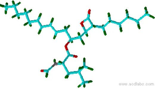 Figura  2.8.  – Representação  tridimensional  da  lipstatina  onde  os  átomos  representados  a  azul,  verde, vermelho e cinza representam, respetivamente, os elementos: carbono, hidrogénio, oxigénio  e azoto
