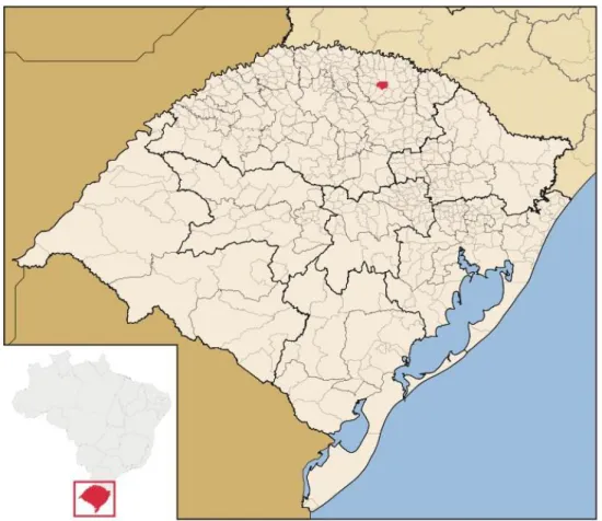 Figura 1: Mapa de Paulo Bento, no Estado do Rio Grande do Sul e do Brasil. 