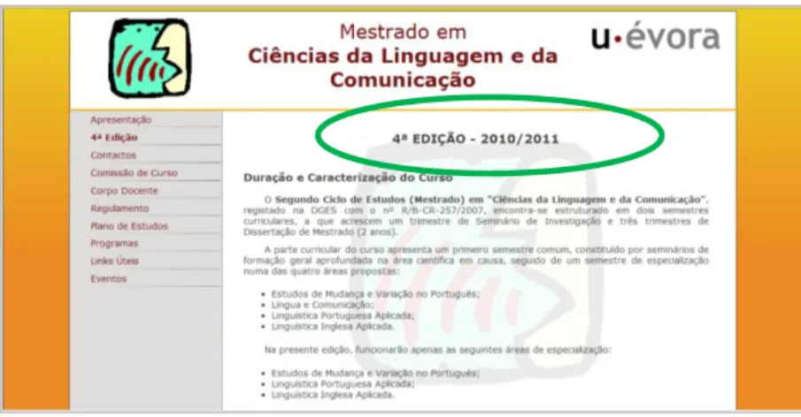 Figura 8: Informações desactualizadas  –  Universidade de Évora  Fonte: http://www.uevora.pt 