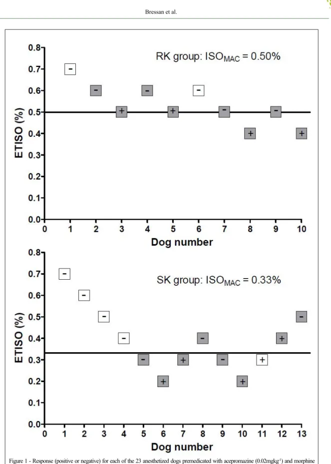 Figure 1 - Response (positive or negative) for each of the 23 anesthetized dogs premedicated with acepromazine (0.02mgkg -1 ) and morphine  (0.5mgkg -1 ) at the respective end-tidal isoflurane concentration tested (ETISO)
