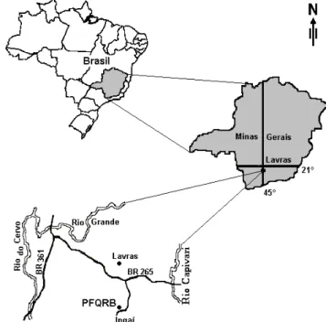 FIGURA 1: Situação geográfica do Parque Florestal Quedas do Rio Bonito, Lavras, MG.