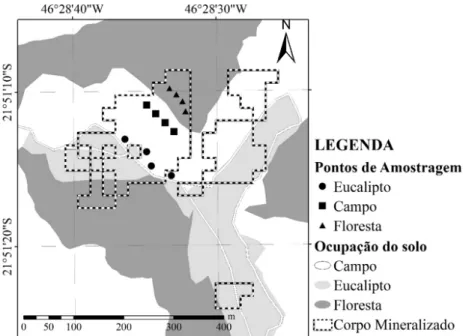 FIGURA  1:  Área  de  amostragem  do  substrato  contendo  propágulos  da  camada  superficial  do  solo  em  campos de altitude no planalto de Poços de Caldas, Minas Gerais.