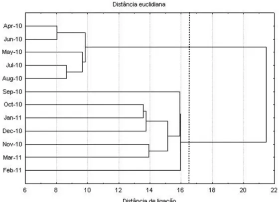 FIGURE 6: Dendrogram by the method of single bonds, which represents the relationship between the  distribution of months depending on the concentrations of N, P, K, Ca and Mg in an area of  Caatinga in   the ranch ‘Riachão’ , city of Pombal, PB state.