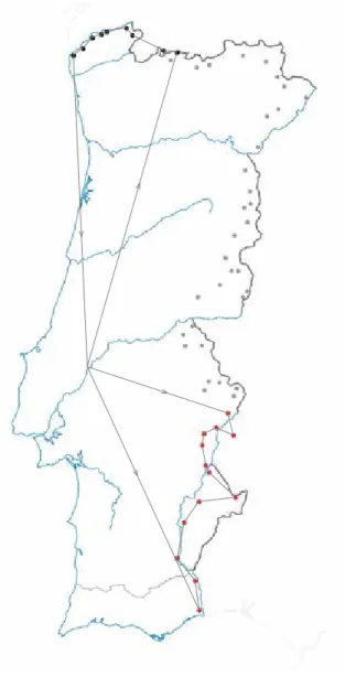 [8] Mapa de duas das quatro viagens de estudo realizadas. As vilas visitadas na ter- ter-ceira viagem encontram-se assinaladas a vermelho, são elas: Castro Marim,  Al-coutim, Mértola, Serpa, Moura, Noudar, Mourão, Monsaraz, Terena, Alandroal,  Juromenha, O