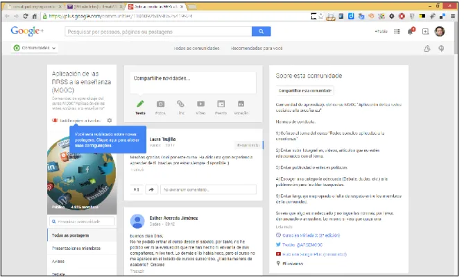 Figura 13 Comunidade “Aplicación de las RSS a la enseñanza (MOOC)”, criada na rede social  Google+ da plataforma MiriadaX 