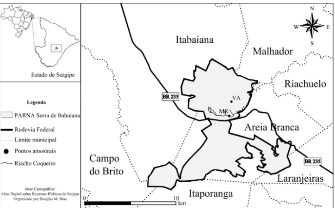 FIGURE 1: Serra de Itabaiana National Park. The points show the study sites; white-sand sensu strictu (VA)  and de riparian forest (MR).