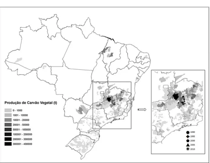 FIGURA 10: Distribuição espacial da produção de carvão vegetal no ano de 2011 e localização dos centros  de gravidade para os cinco anos analisados (Fonte: Elaboração própria utilizando dados do  IBGE/PEVS).