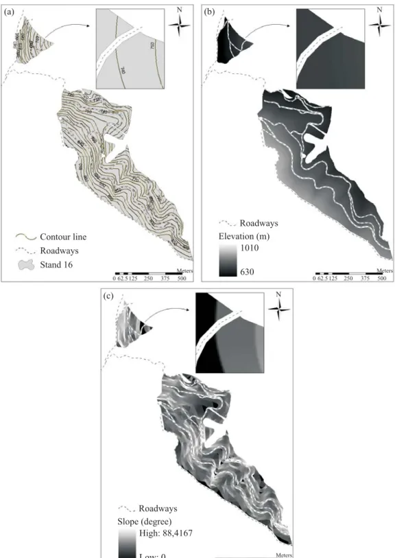 Figure 1 – Contour line map of stand 16 (a); Elevation map of stand 16 (b); Slope map of stand 16 (c).