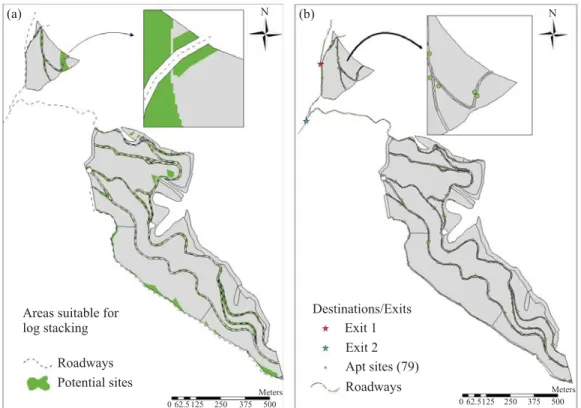 Figure 3a is the outcome of a weighted analysis,  in which gray areas represent inapt sites for log stacking  while green areas represent potential sites for log  stacking