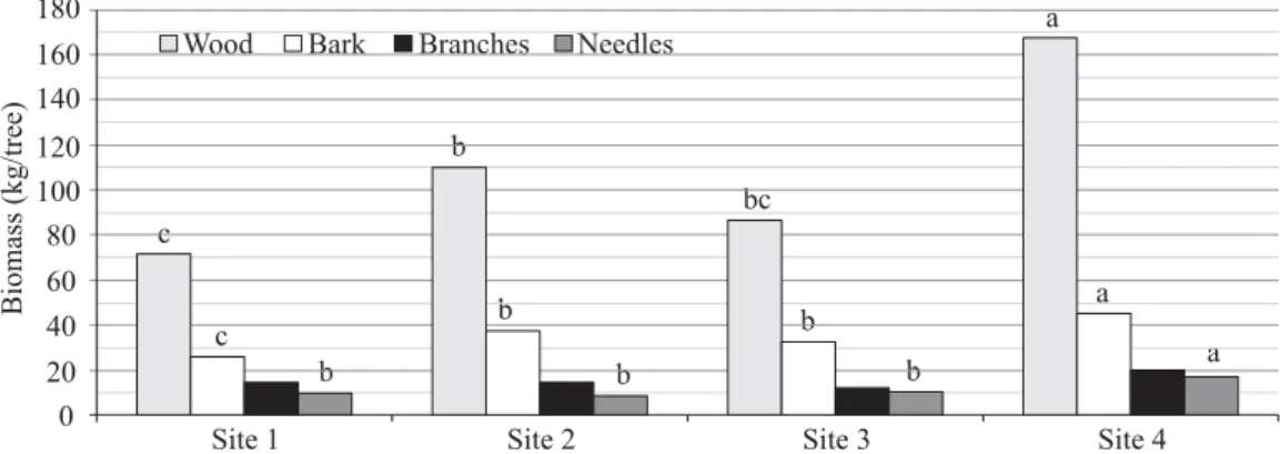 Figure 1 – Biomass in different tree sections of Pinus caribaea var. hondurensis.
