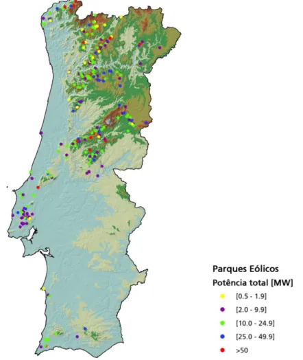 Figura  5  –  Localização  e  potência  dos  parques  eólicos  do  território  continental  português  (Fonte: 