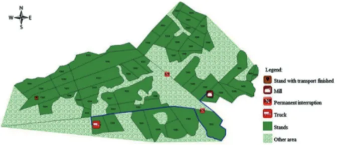 FIGURE 2 Map with indications of permanent interruption  of the road, the current stand that has been  transported, the location of the yard (mill) and the  route that has been used for the transportation  (blue line).