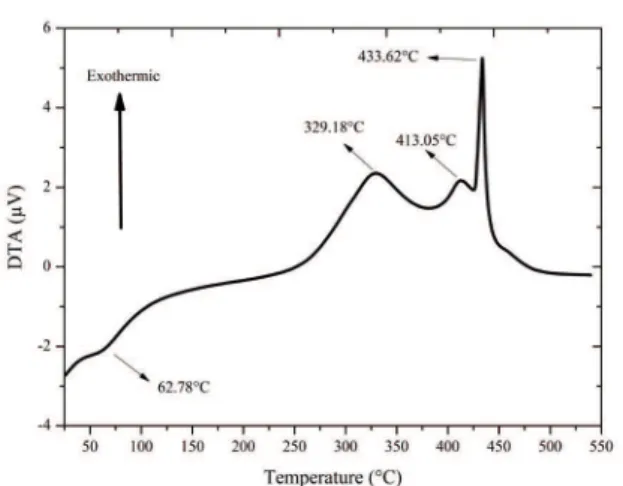 FIGURE 3 Differential thermal analysis (DTA) of combustion  of fresh babassu nutshell.