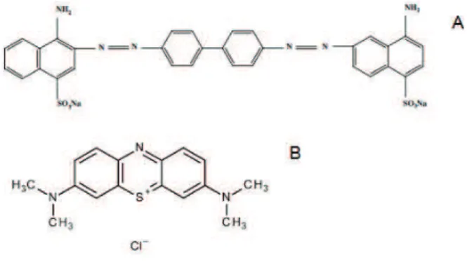 FIGURE 2 Dye  molecules  used  in  activated  carbon  adsorption  tests  A-Congo  Red  (anionic)  B-  Methylene Blue (cationic)