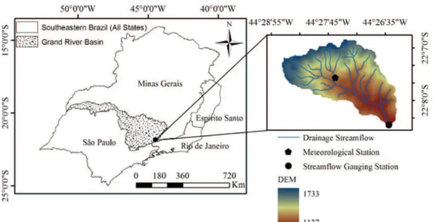 FIGURE 1 Geographical location of the LW in Mantiqueira Range region, southeastern Brazil; and DEM (with meteorological  station and streamflow gauging station).