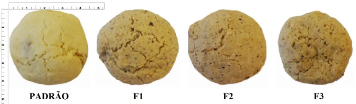 Figura 2. Cookies sem glúten enriquecidos com farinha de coco. Padrão FP (formulação semelhante à composição do “mix de  farinha preparada II” da Fenacelbra); F1 (modificação da formulação padrão com substituição da fécula de batata por 10% de  farinha de 