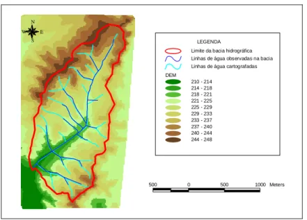 Figura 5 – DEM (Digital Elevation Model) com a delimitação da bacia hidrográfica, e o traçado das linhas de água