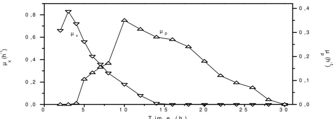 Fig. 2 - Variation of the specific growth rate (µ x ) and the specific product  formation rate (µ p ) with time in the fed-batch run.