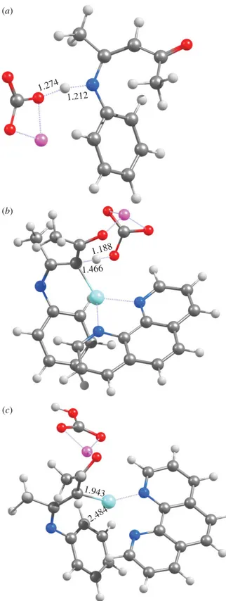 Figure 1. Optimized geometries of (a) TS 1 , (b) TS 2 and (c) 4 at the PBE1PW91/6-31G(d) + SBKJ level of theory.