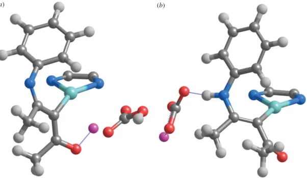 Figure 5. Optimized geometries of (a) 4 + LiHCO 3 and (b) 5b + LiCO − 3 at the PBE1PW91/6-31G(d) + SBKJ level of theory (pathway depicted in green in scheme 2)