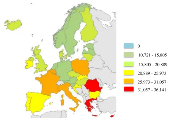 Figura 1. Consumo de antibióticos em ambulatório na Europa em 2015 (dados em  DHD - dose diária definida por 1000 habitantes por dia)