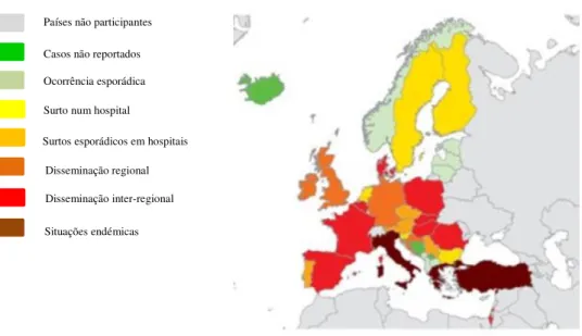 Figura  9.  Epidemiologia  de  Enterobacteriaceae  produtores  de  carbapenemases  na  Europa (adaptado de ECDC)