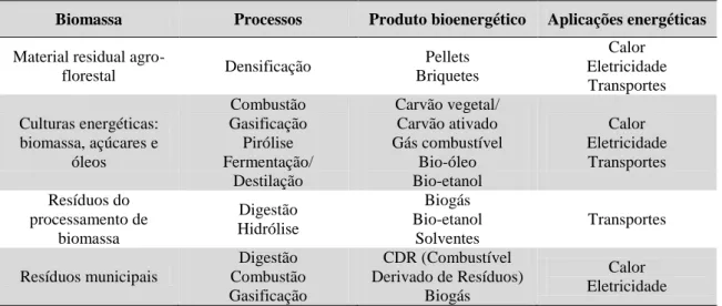 Tabela 2.1 Processos de conversão de biomassa em produtos energéticos (Silva M., 2009)  Biomassa  Processos  Produto bioenergético  Aplicações energéticas  Material residual 