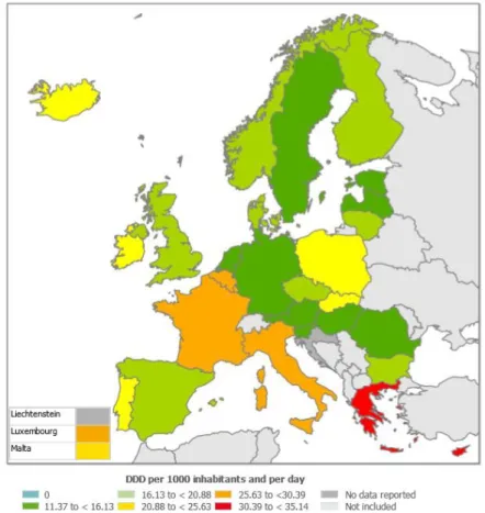 Figura 1 - Consumo de antibacterianos de uso sistémico na Europa, em 2011, expressos em DDD (Doses Diárias  Definidas) por 1000 habitantes e por dia (adaptado de ECDC, 2011)