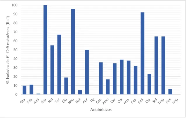 Figura 5- Percentagem de resistência aos antibióticos em isolados de E. coli, provenientes da suinicultura E