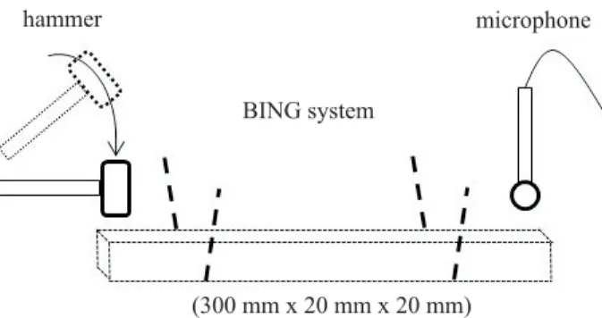 Figure 1 – Experimental device used for measuring time and  frequency of transverse vibration in wood samples through the  BING system