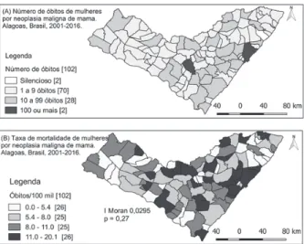 Figura 2. Distribuição espacial dos óbitos femininos e taxa de  mortalidade específica por neoplasia maligna de mama