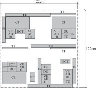 Figura 2 – Puntos de medición longitudinal (puntos A, B y C),  transversal (puntos D, E y F) y escuadría (puntos g y h) para  la caracterización de los tableros terciados de 244 x 122 cm.