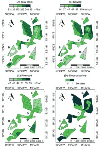 FIGURE 4 Distribution of residues through geostatistical  modeling applied to total stem (A), sawlog (B), and  fi rewood (C) volumes for Tectona grandis stands.