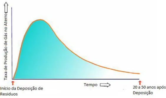 Figura 2.3 Comportamento típico da produção de gás no aterro ao longo do tempo (adaptado de  Elagroudy et al