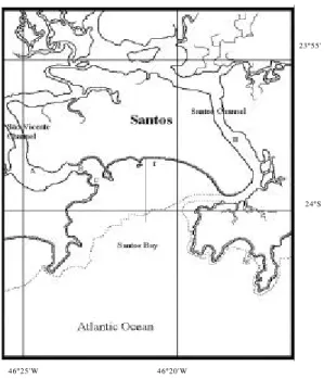 Figure 1. Santos Estuary and the sediment collection sites for the experiment I (I, II) and II (A, B, C).