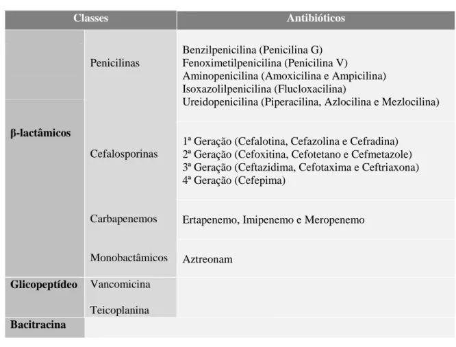 Tabela  2.  Sumário  dos  antibióticos  inibidores  da  síntese  da  parede  celular  (Van  Hoek  et  al