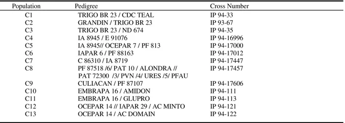 Table 1 -  Population identification by pedigree and cross number, developed to be selected for yield and quality at IAPAR-Londrina, in 1997.